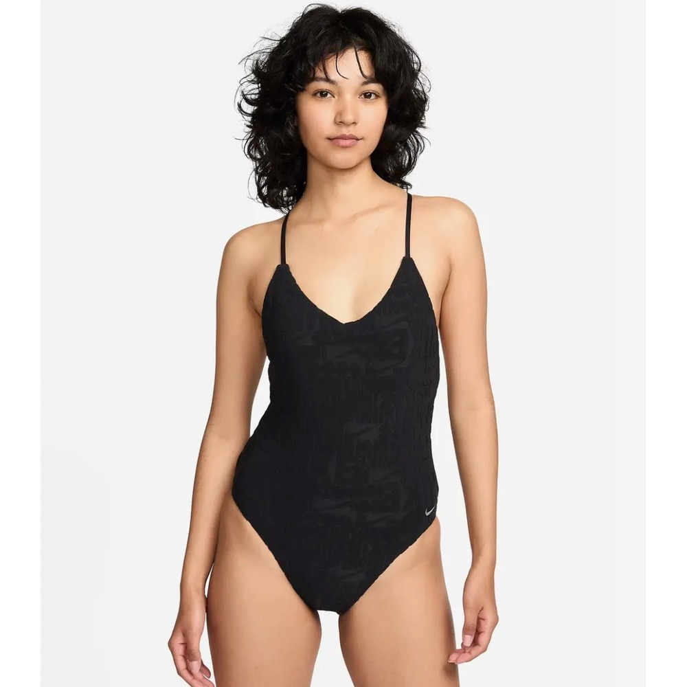 Nike Retro Flow One Piece Swimsuit Black Tonal‎ Logo Jacquard T-Back Small